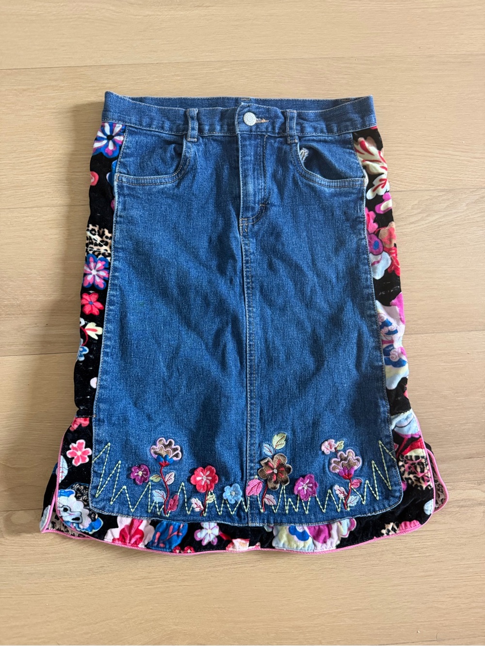 The Children's Place Blue Denim Skirt with Floral Embroidery & Velour Trim Girls
